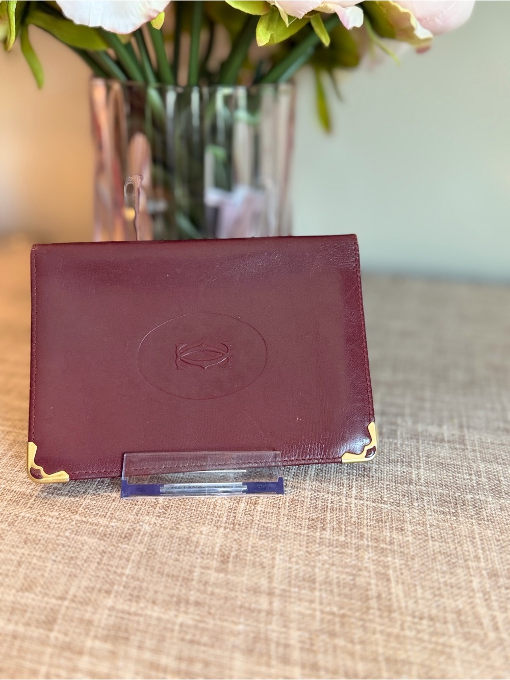 Cartier EUC oxblood Burgundy Leather Card Wallet with Gold Corner Accents